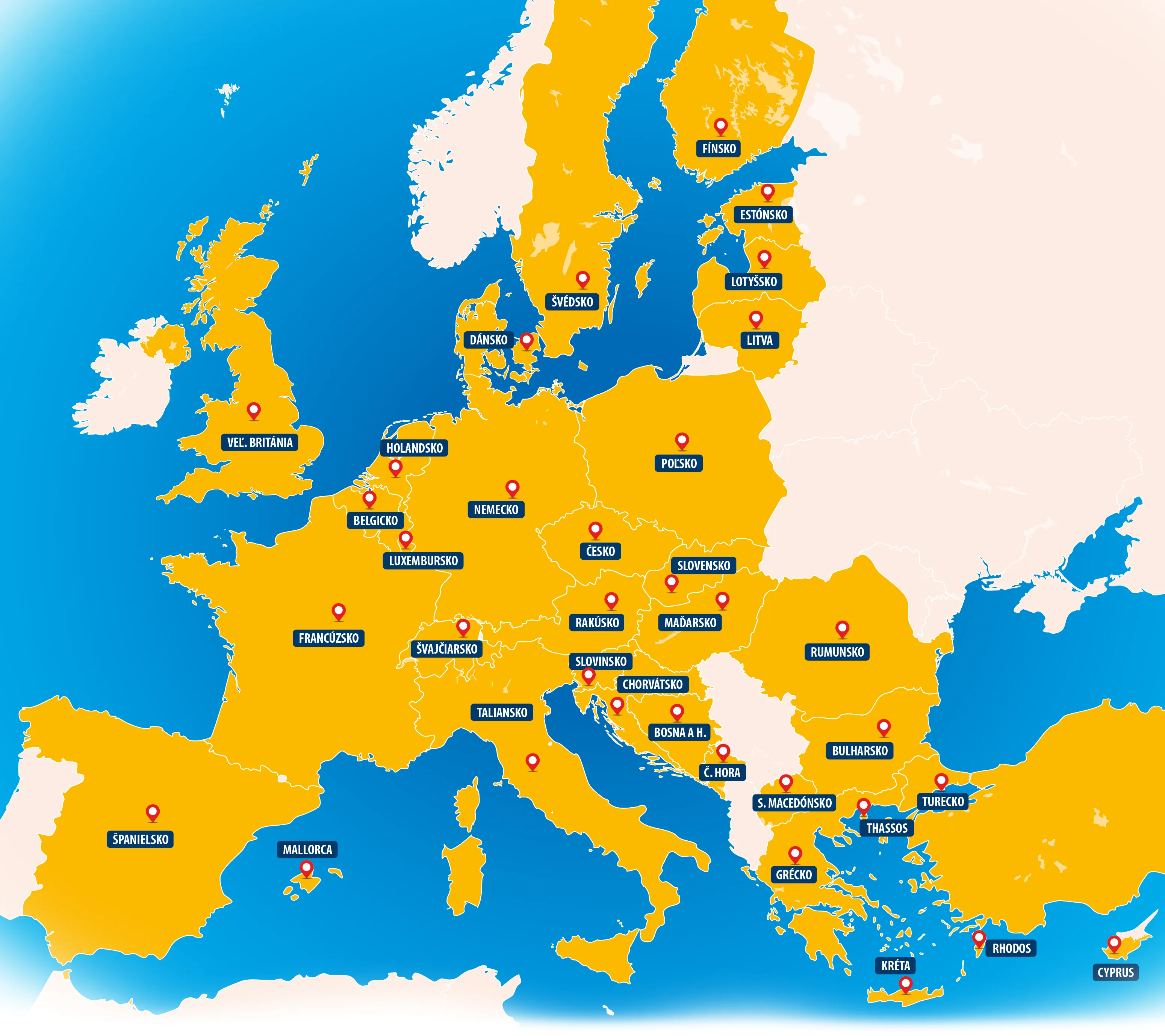 Mapa Európy s destináciami cestovnej kancelárie FIFO